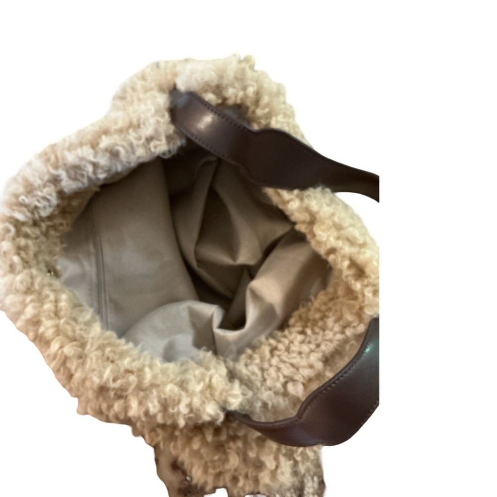 Cream Faux Shearling Sherpa Shoulder Bag Brown Strap Teddy‎ Hobo Purse - Picture 7 of 8